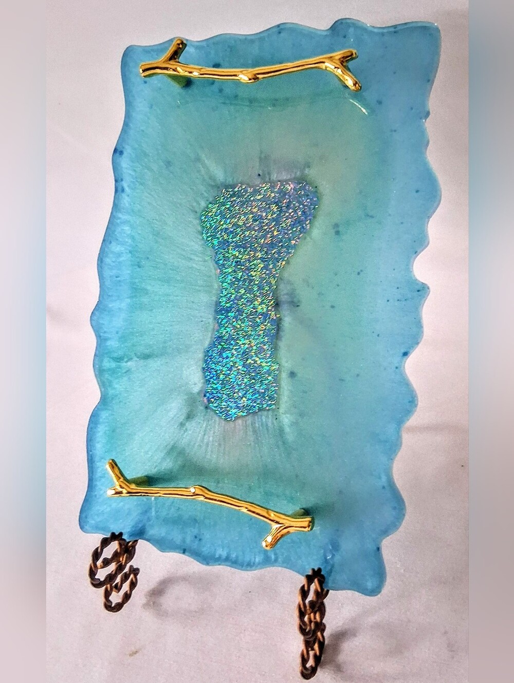 Ocean Blues, Glitter & Gold Artisan Made Resin Tray - Gold Bamboo Handles - Picture 6 of 10